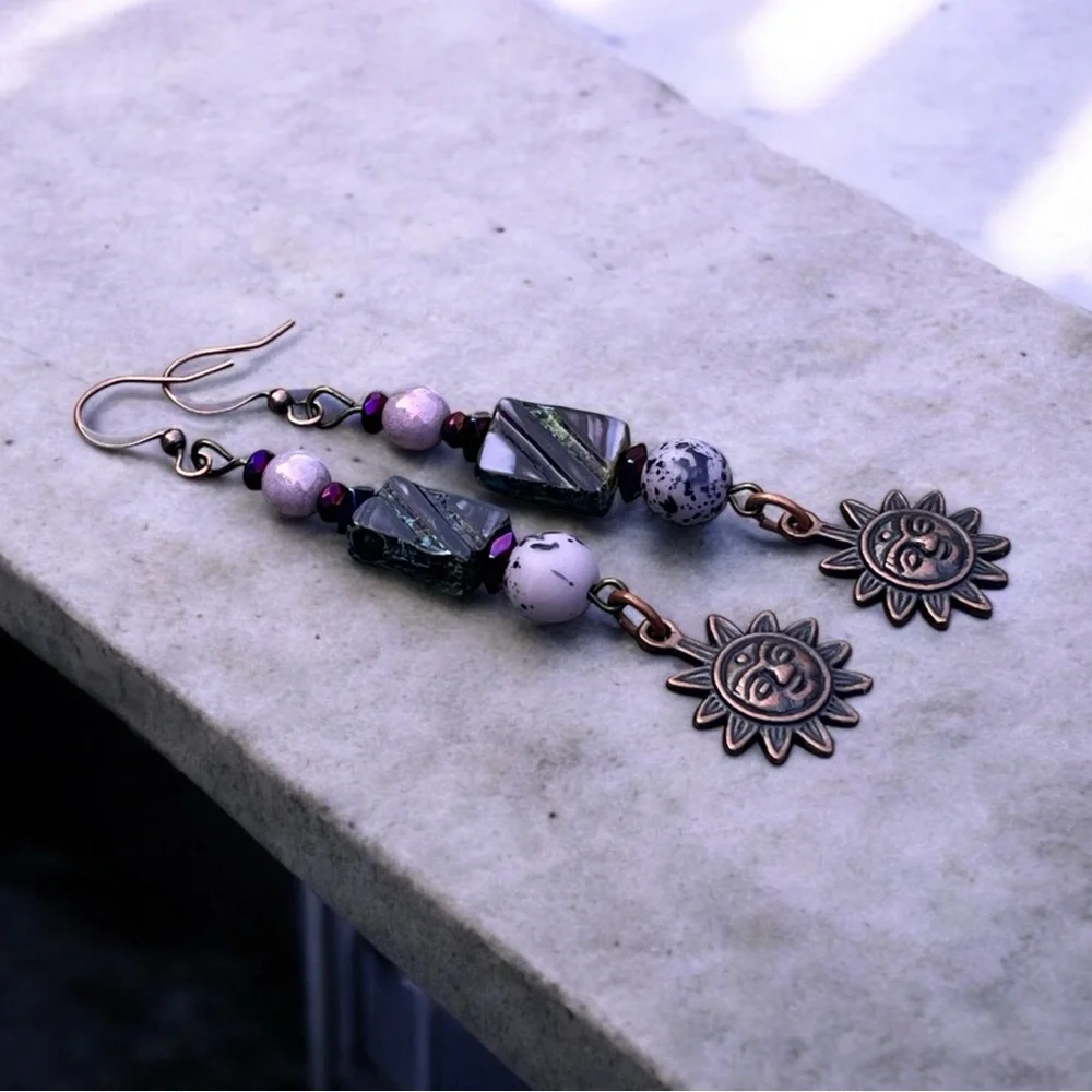 Handcrafted Sun Charm Dangle Earrings in Purple and Copper - Picture 11 of 13
